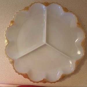Fire King vintage divided plate, milk glass w/gold trim